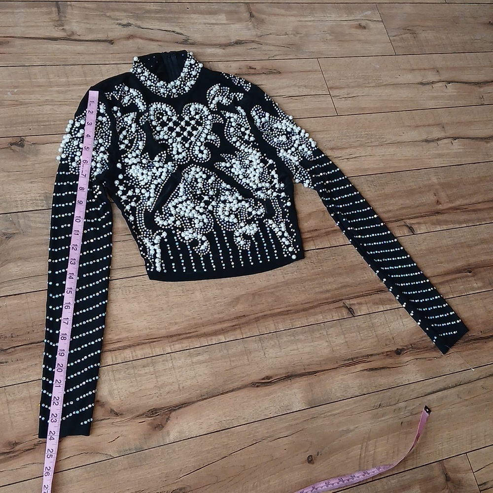 Banjul Black Beaded Long-Sleeve Crop Sheer Cocktail Mock Neck Top. Size M - Picture 14 of 17